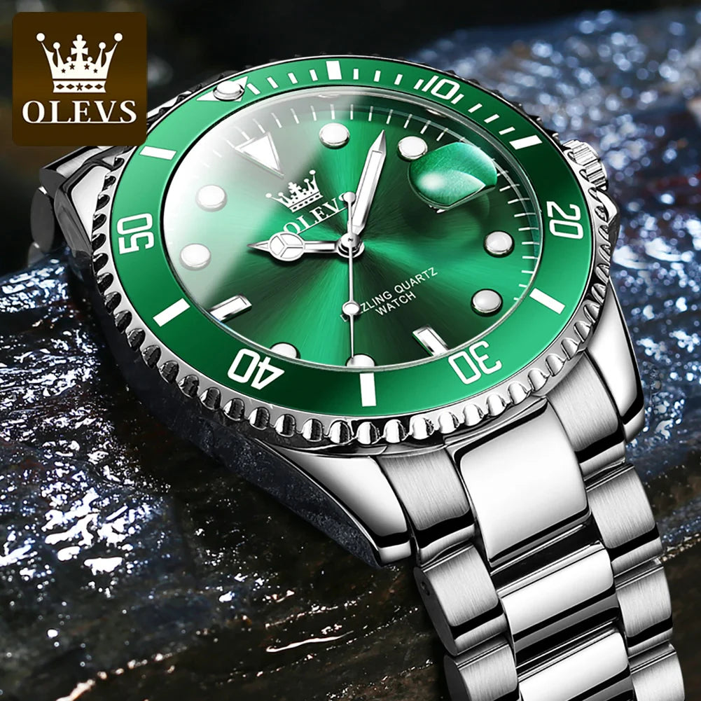 5885 Men'S Watches Business Stainless Steel Strap Green Quartz Watch Waterproof Calendar Luminous High Quality Wristwatch