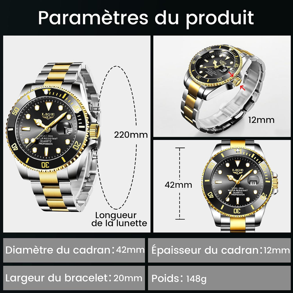 Montre Homme, Montres Bracelet Quartz Analogique, Acier Inoxydable, Étanche 3 ATM （30M）, Aiguilles Lumineuses, Affichage De La Date, Classique, Élégant, Décontracté