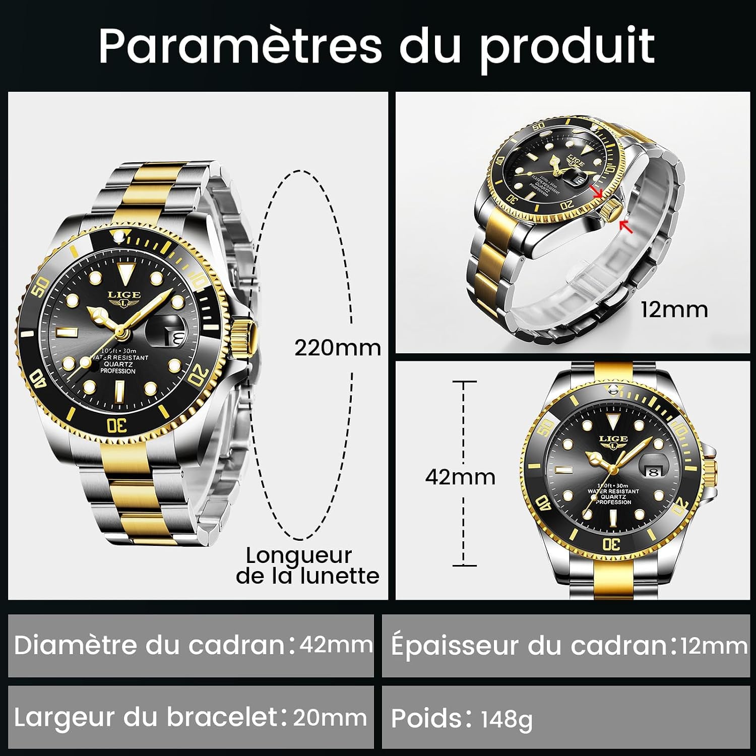Montre Homme, Montres Bracelet Quartz Analogique, Acier Inoxydable, Étanche 3 ATM （30M）, Aiguilles Lumineuses, Affichage De La Date, Classique, Élégant, Décontracté