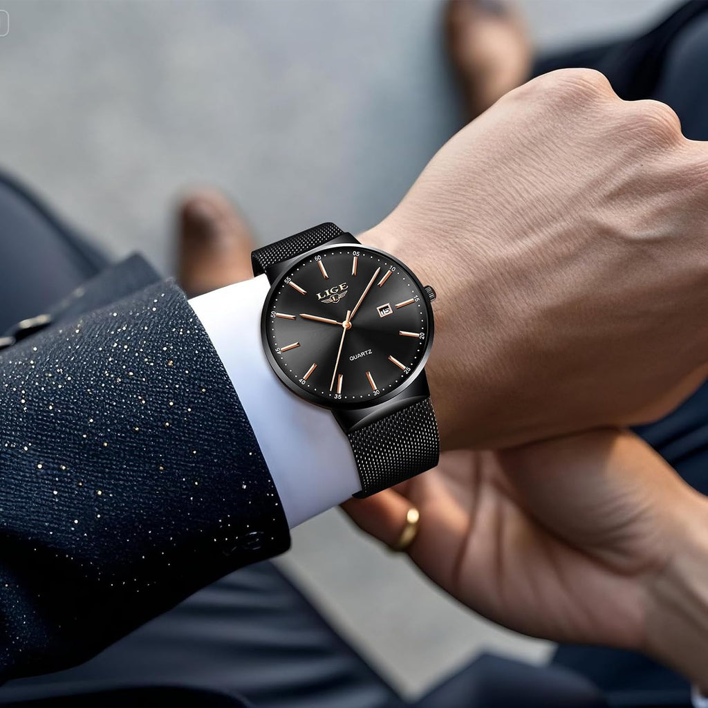 Montre Homme, Montres Bracelet Analogique Quartz, Grand Cadran Ultra-Mince, Bracelet Acier Inoxydable Étanche, Fonction Calendrier, Design Minimaliste Léger, Business Mode Casual Match