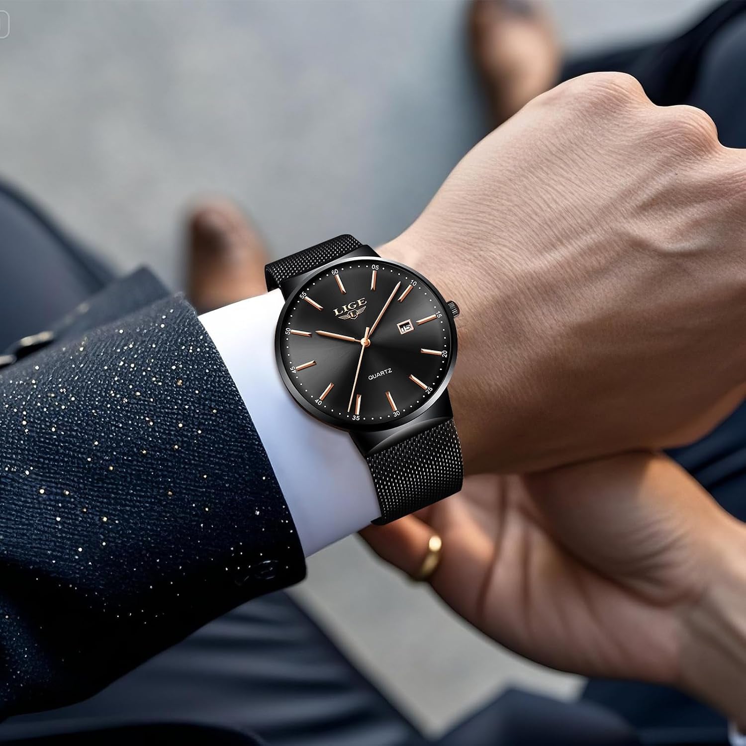 Montre Homme, Montres Bracelet Analogique Quartz, Grand Cadran Ultra-Mince, Bracelet Acier Inoxydable Étanche, Fonction Calendrier, Design Minimaliste Léger, Business Mode Casual Match