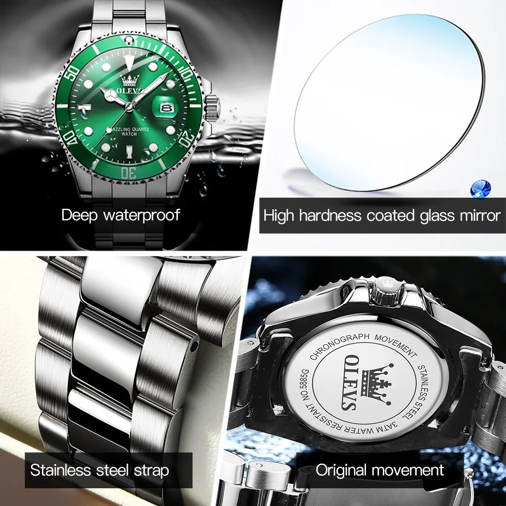 5885 Men'S Watches Business Stainless Steel Strap Green Quartz Watch Waterproof Calendar Luminous High Quality Wristwatch