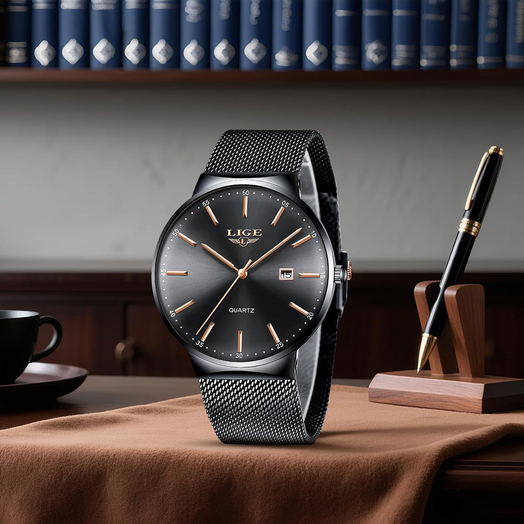 Montre Homme, Montres Bracelet Analogique Quartz, Grand Cadran Ultra-Mince, Bracelet Acier Inoxydable Étanche, Fonction Calendrier, Design Minimaliste Léger, Business Mode Casual Match
