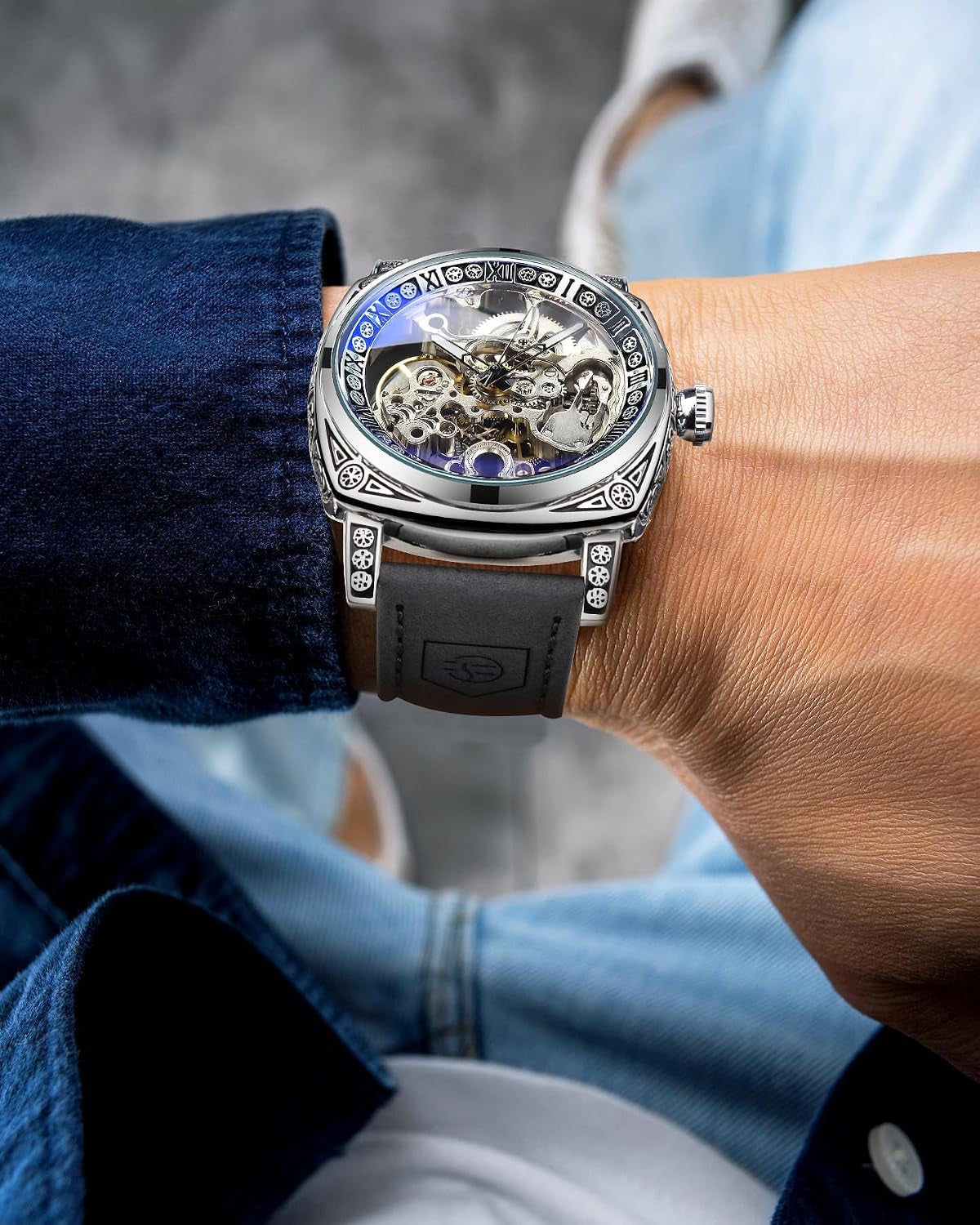 Montre Homme Mécanique Automatique Carrée Squelette Dorée, Bracelet En Cuir Vintage Style Rétro, Étanche, Montre Bracelet Classique Pour Homme