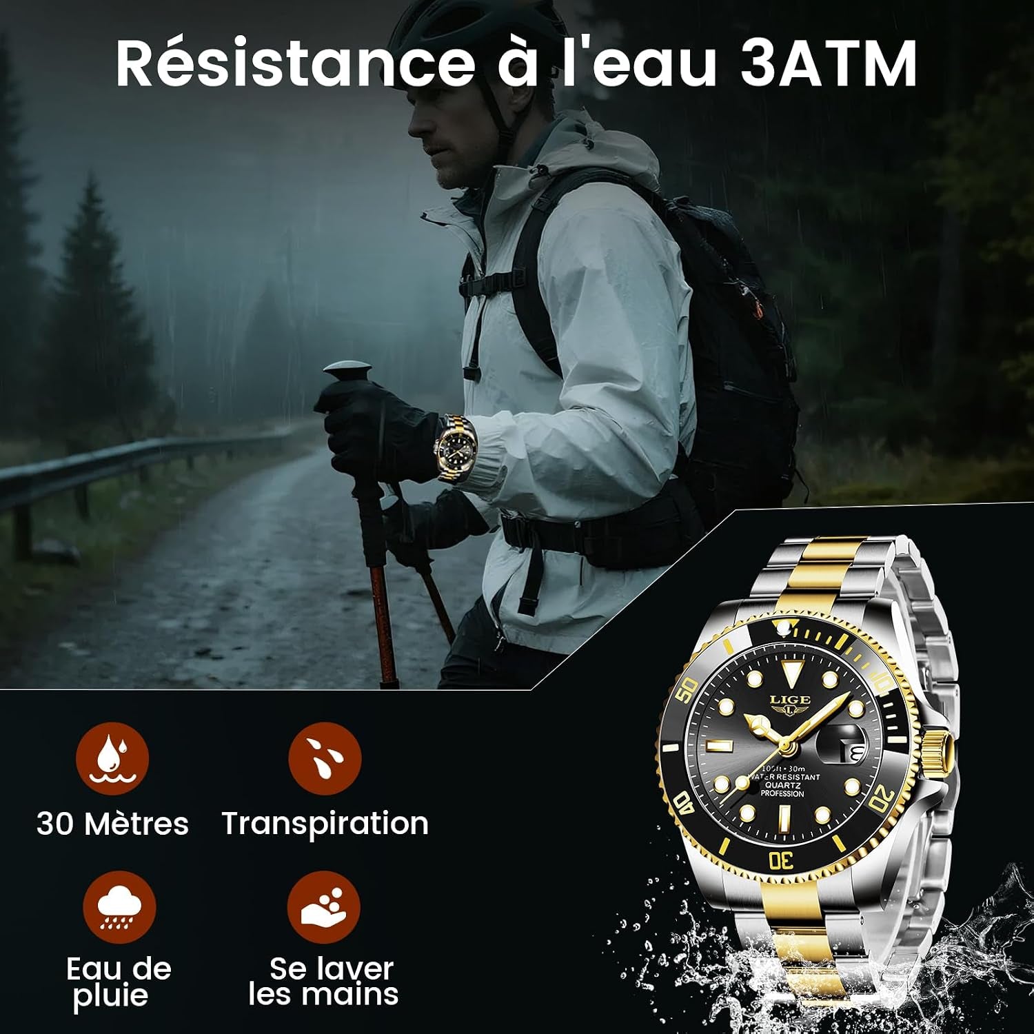 Montre Homme, Montres Bracelet Quartz Analogique, Acier Inoxydable, Étanche 3 ATM （30M）, Aiguilles Lumineuses, Affichage De La Date, Classique, Élégant, Décontracté