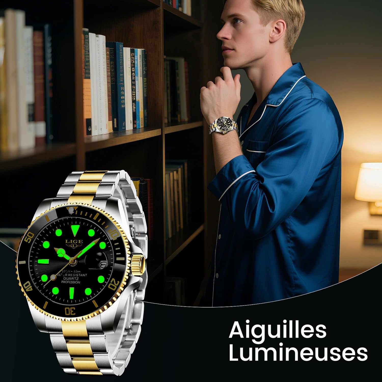 Montre Homme, Montres Bracelet Quartz Analogique, Acier Inoxydable, Étanche 3 ATM （30M）, Aiguilles Lumineuses, Affichage De La Date, Classique, Élégant, Décontracté