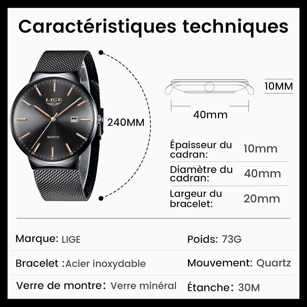 Montre Homme, Montres Bracelet Analogique Quartz, Grand Cadran Ultra-Mince, Bracelet Acier Inoxydable Étanche, Fonction Calendrier, Design Minimaliste Léger, Business Mode Casual Match