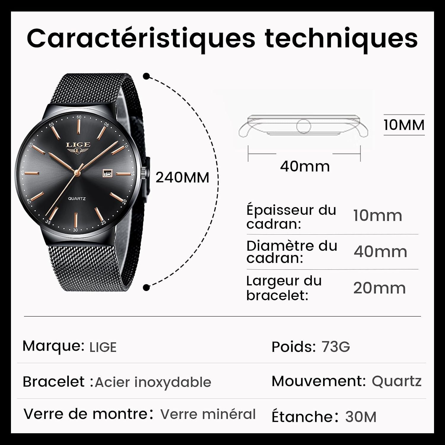 Montre Homme, Montres Bracelet Analogique Quartz, Grand Cadran Ultra-Mince, Bracelet Acier Inoxydable Étanche, Fonction Calendrier, Design Minimaliste Léger, Business Mode Casual Match