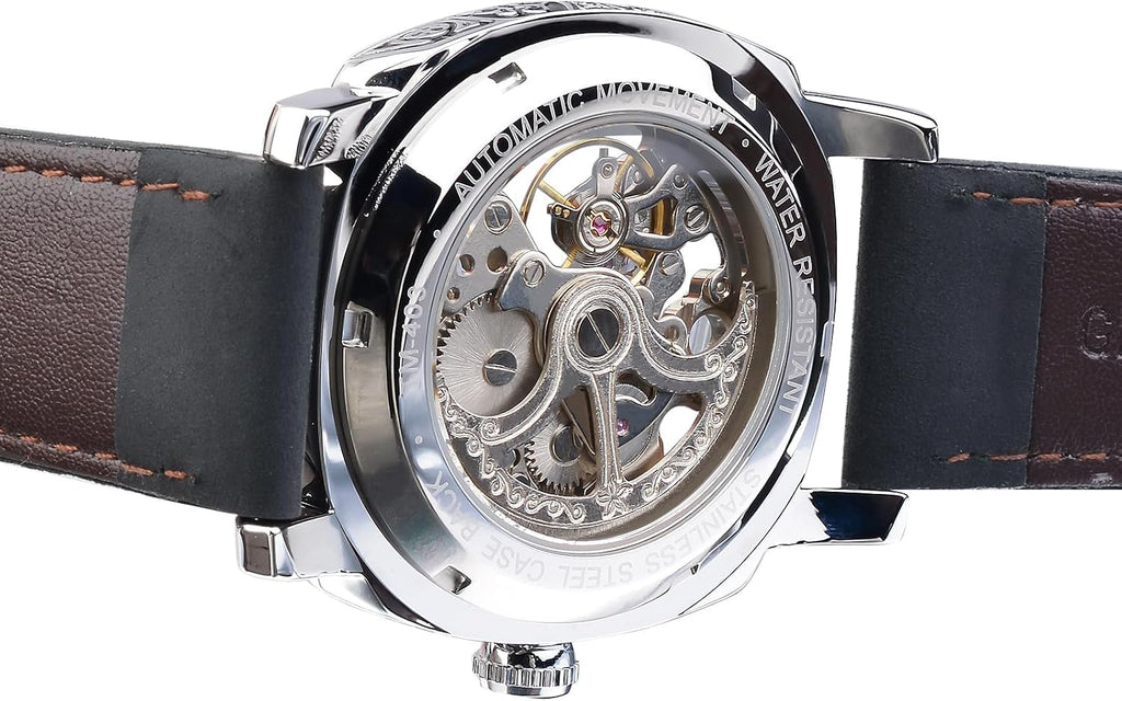 Montre Homme Mécanique Automatique Carrée Squelette Dorée, Bracelet En Cuir Vintage Style Rétro, Étanche, Montre Bracelet Classique Pour Homme