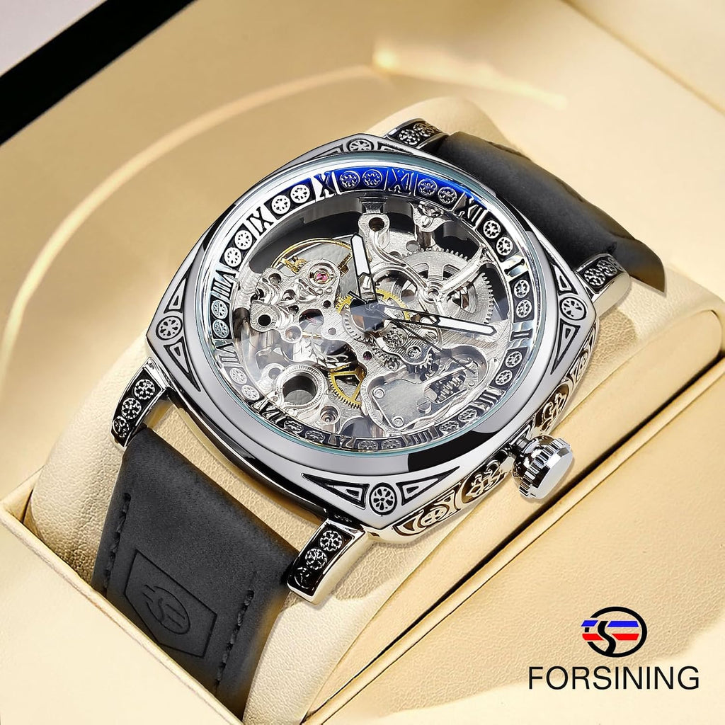 Montre Homme Mécanique Automatique Carrée Squelette Dorée, Bracelet En Cuir Vintage Style Rétro, Étanche, Montre Bracelet Classique Pour Homme