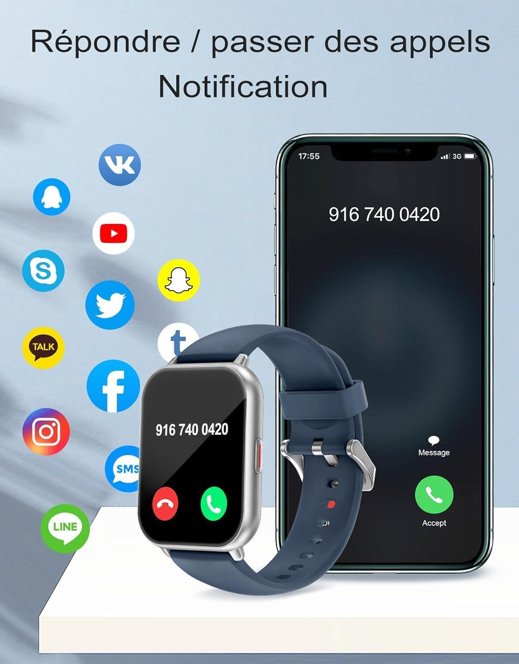 Montre Connectée Homme Femme Avec Appel Bluetooth Rappel Intelligent Podometre Moniteur Sommeil Cardiofrequencemetre Oxymètre 100+ Modes Sportifs Pour Android Ios Etanche IP68 Argent Bleu