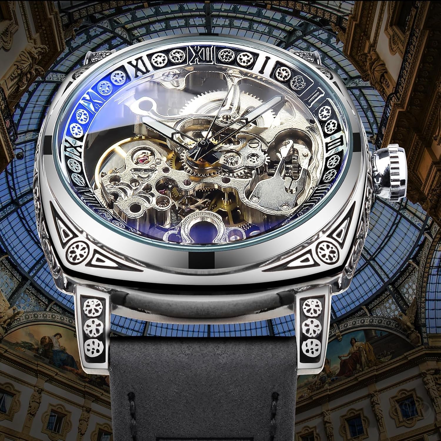 Montre Homme Mécanique Automatique Carrée Squelette Dorée, Bracelet En Cuir Vintage Style Rétro, Étanche, Montre Bracelet Classique Pour Homme
