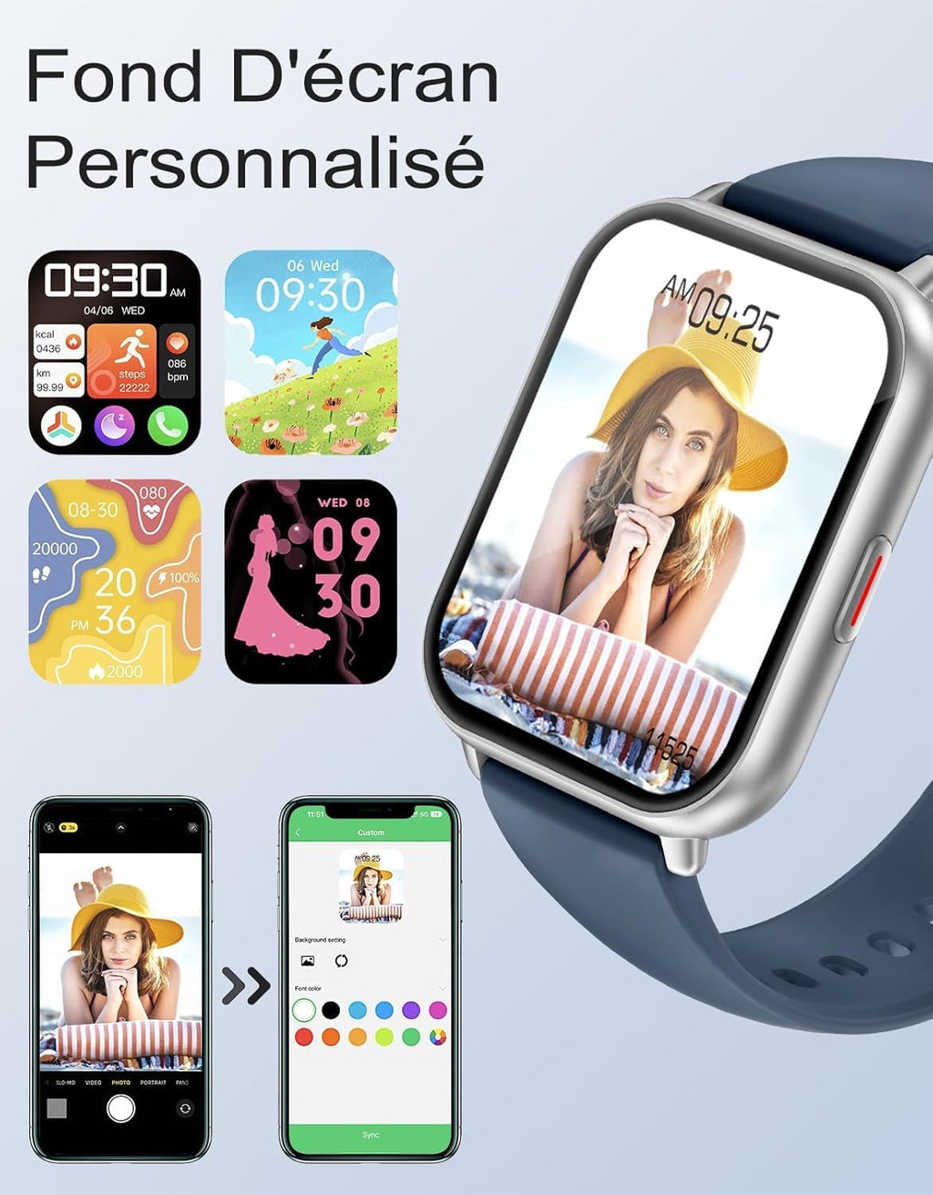 Montre Connectée Homme Femme Avec Appel Bluetooth Rappel Intelligent Podometre Moniteur Sommeil Cardiofrequencemetre Oxymètre 100+ Modes Sportifs Pour Android Ios Etanche IP68 Argent Bleu