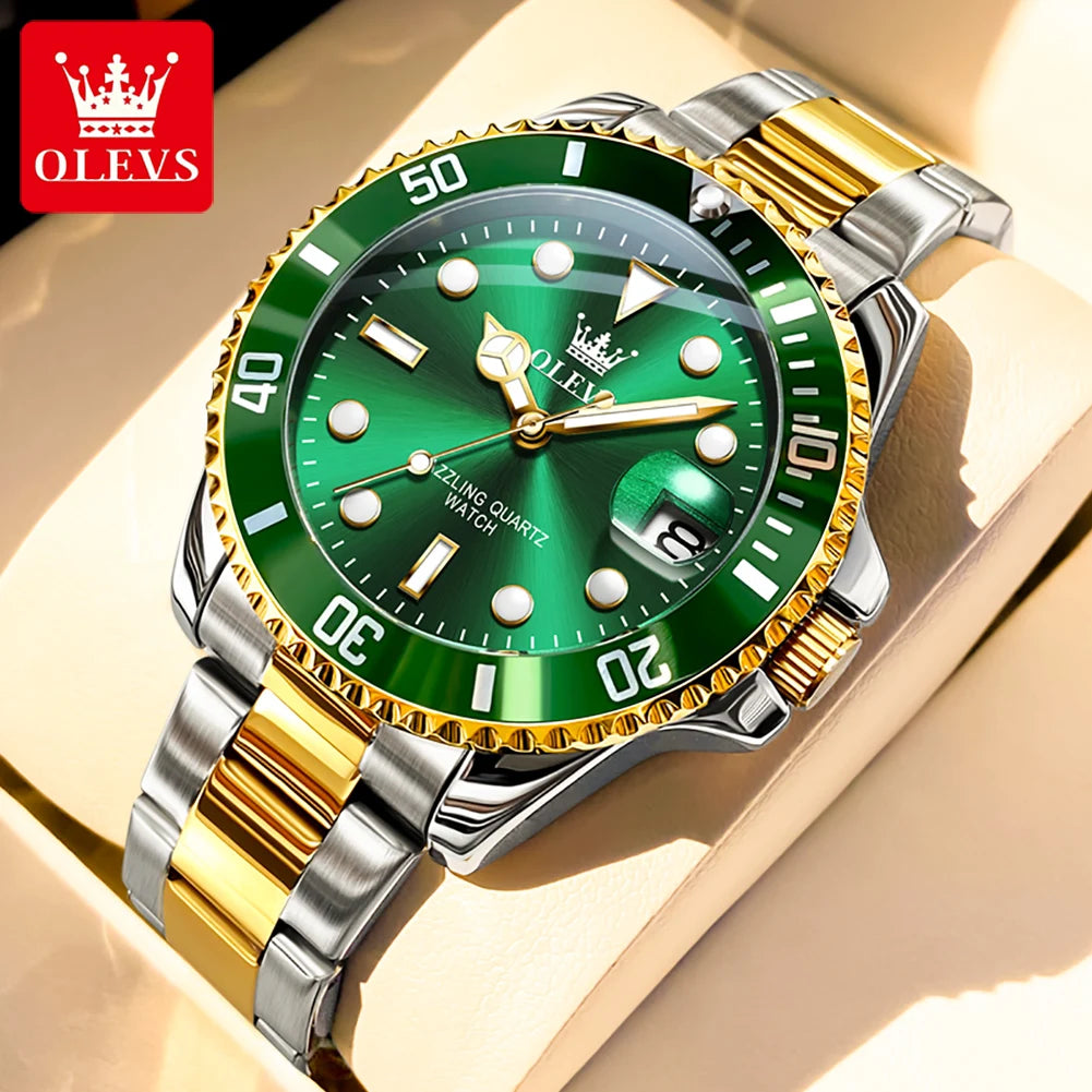 5885 Men'S Watches Business Stainless Steel Strap Green Quartz Watch Waterproof Calendar Luminous High Quality Wristwatch