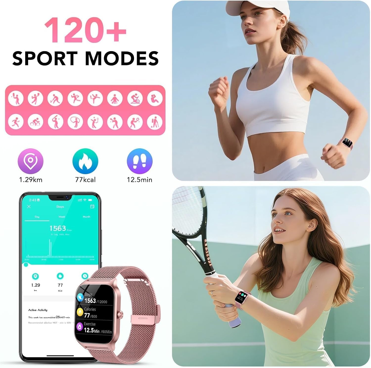 Montre Connectée Femme Avec Appel Bluetooth, 1.85" HD Smartwatch Femme Avec Fréquence Cardiaque/Sommeil/Spo2, 120+ Modes Sportifs, IP68 Étanche, Fitness Tracker Watch Pour Android Ios-Or Rose