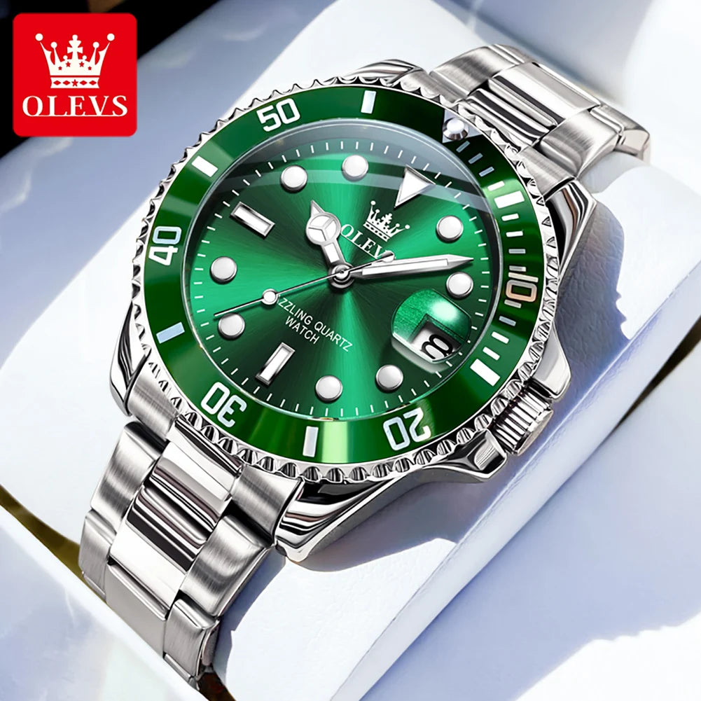 5885 Men'S Watches Business Stainless Steel Strap Green Quartz Watch Waterproof Calendar Luminous High Quality Wristwatch