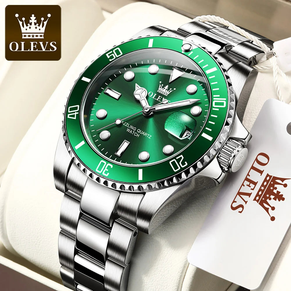 5885 Men'S Watches Business Stainless Steel Strap Green Quartz Watch Waterproof Calendar Luminous High Quality Wristwatch