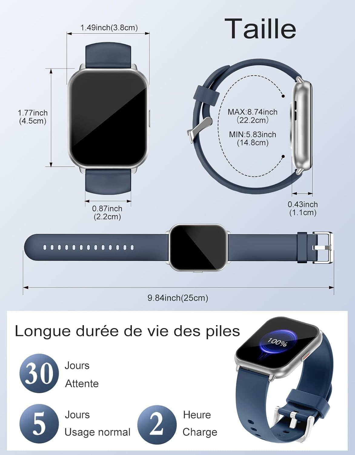 Montre Connectée Homme Femme Avec Appel Bluetooth Rappel Intelligent Podometre Moniteur Sommeil Cardiofrequencemetre Oxymètre 100+ Modes Sportifs Pour Android Ios Etanche IP68 Argent Bleu