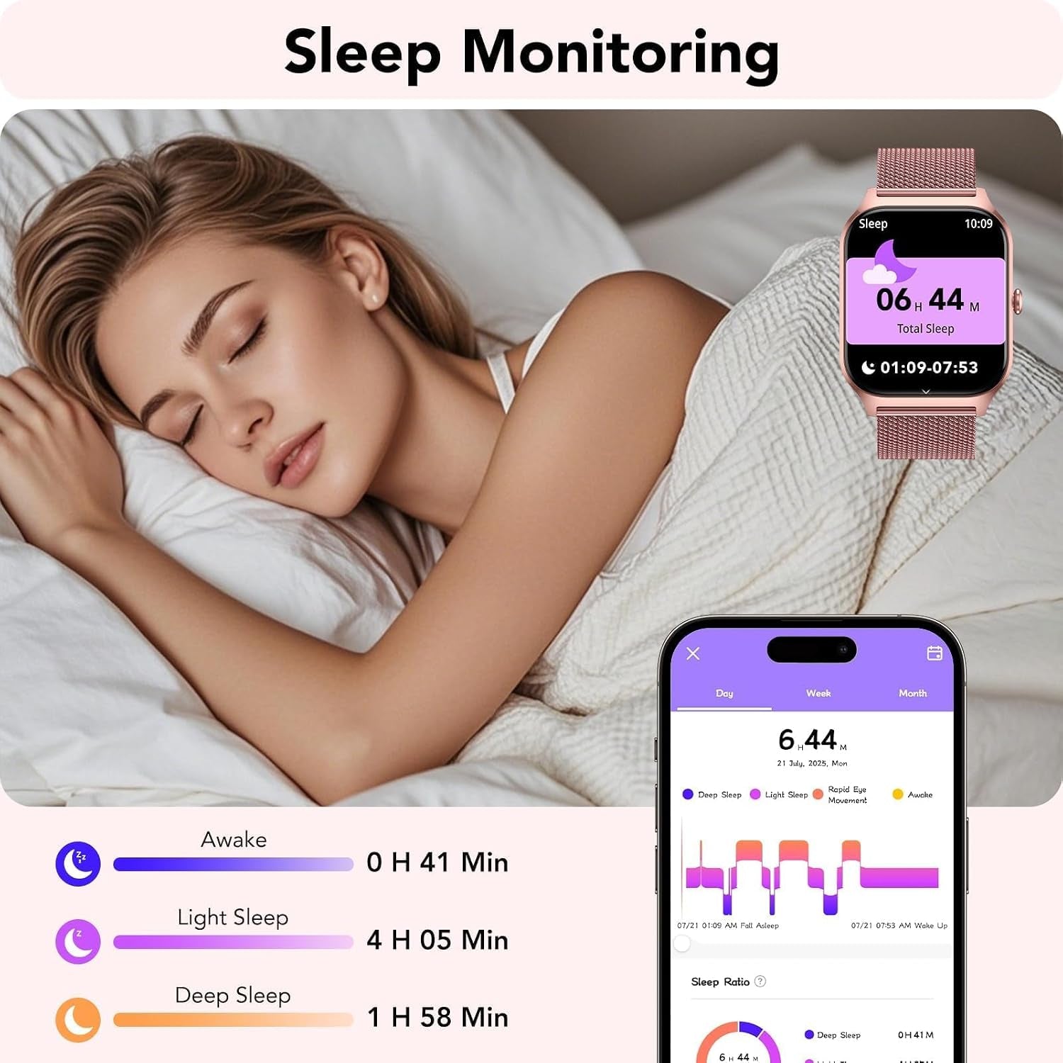 Montre Connectée Femme Avec Appel Bluetooth, 1.85" HD Smartwatch Femme Avec Fréquence Cardiaque/Sommeil/Spo2, 120+ Modes Sportifs, IP68 Étanche, Fitness Tracker Watch Pour Android Ios-Or Rose