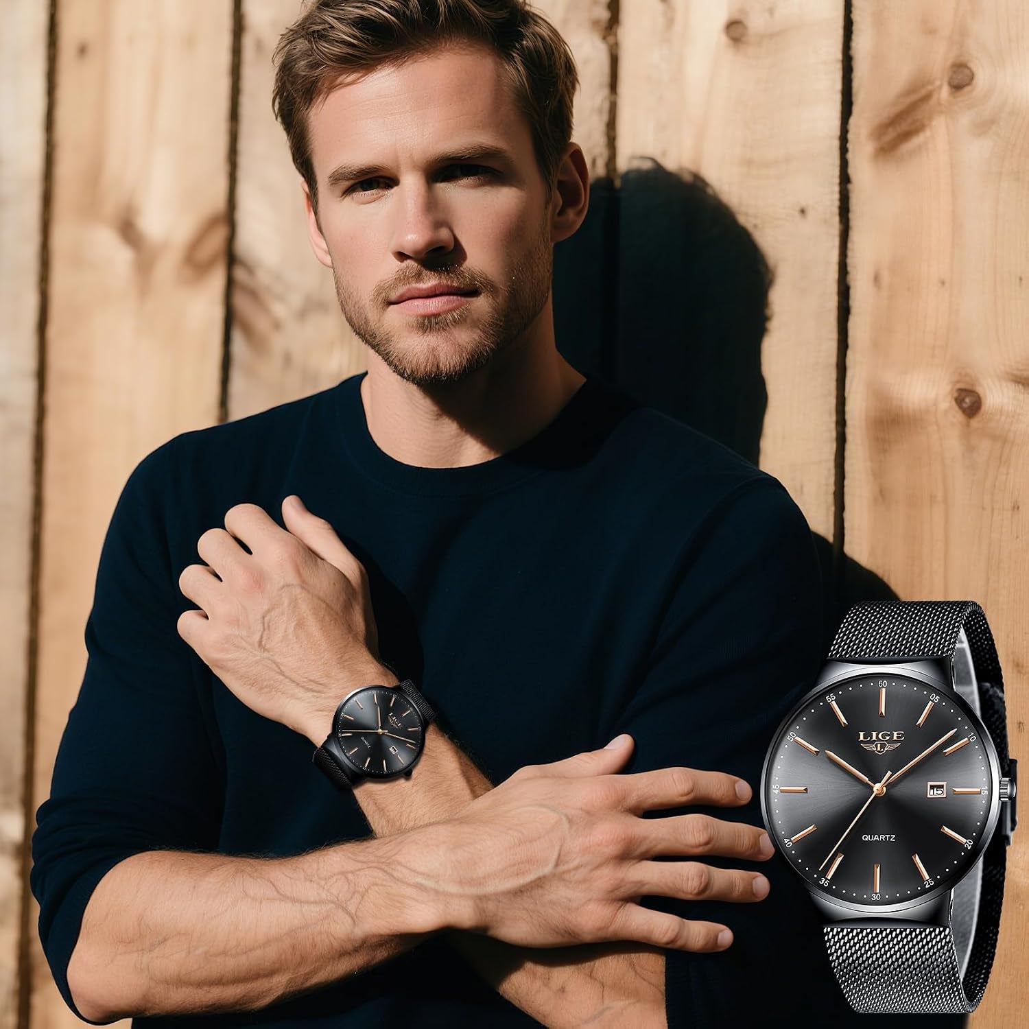 Montre Homme, Montres Bracelet Analogique Quartz, Grand Cadran Ultra-Mince, Bracelet Acier Inoxydable Étanche, Fonction Calendrier, Design Minimaliste Léger, Business Mode Casual Match