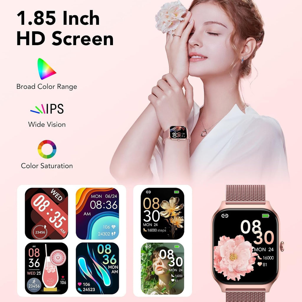 Montre Connectée Femme Avec Appel Bluetooth, 1.85" HD Smartwatch Femme Avec Fréquence Cardiaque/Sommeil/Spo2, 120+ Modes Sportifs, IP68 Étanche, Fitness Tracker Watch Pour Android Ios-Or Rose