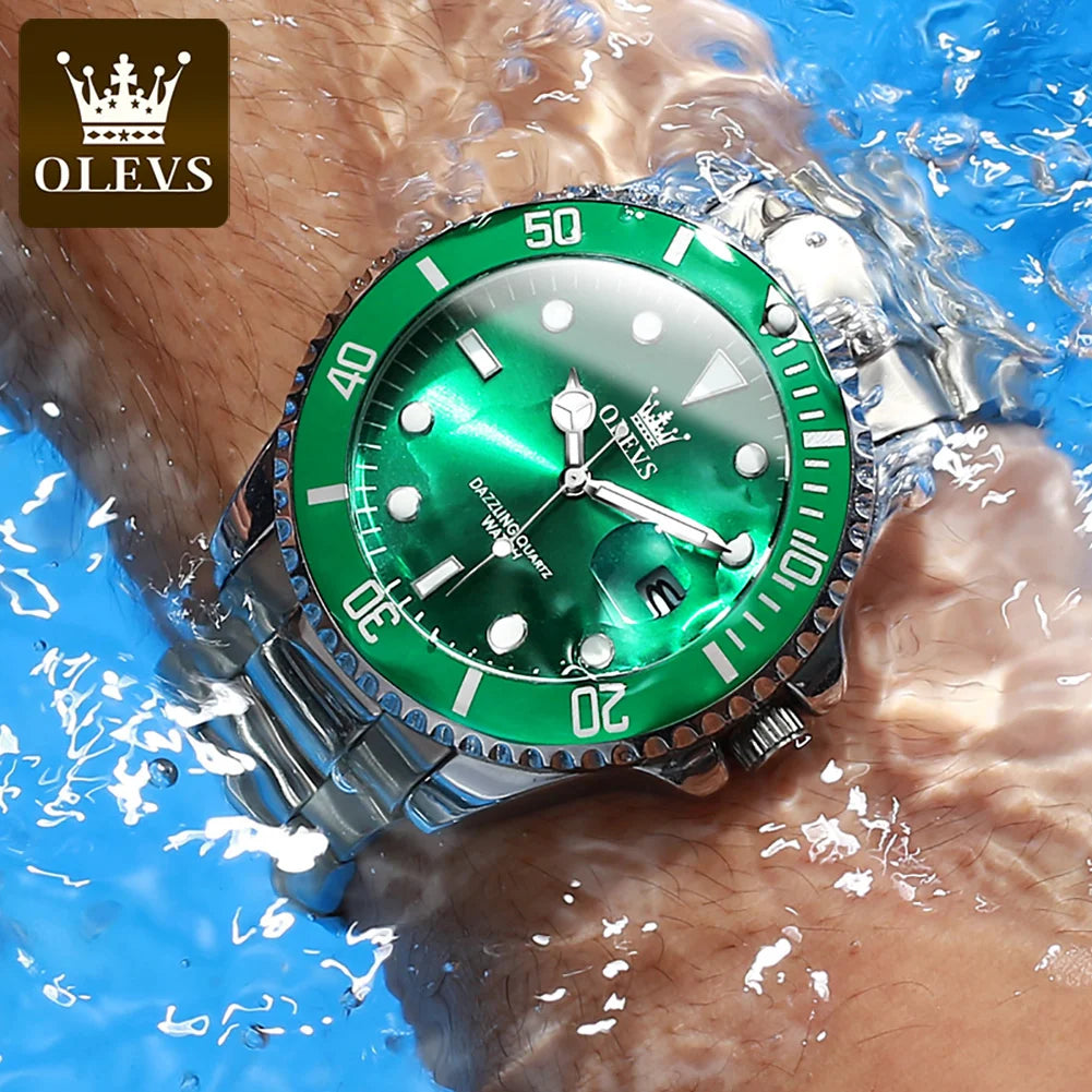 5885 Men'S Watches Business Stainless Steel Strap Green Quartz Watch Waterproof Calendar Luminous High Quality Wristwatch