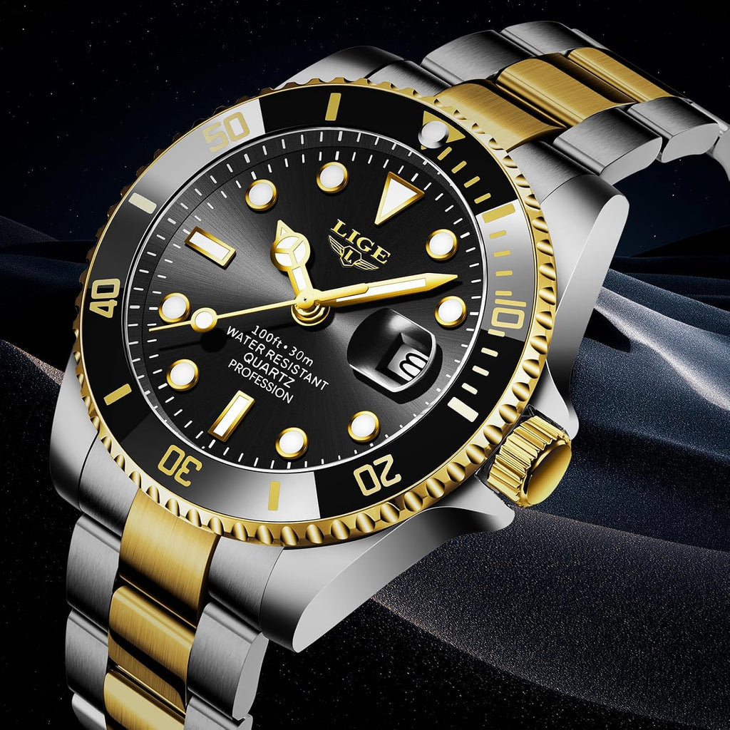 Montre Homme, Montres Bracelet Quartz Analogique, Acier Inoxydable, Étanche 3 ATM （30M）, Aiguilles Lumineuses, Affichage De La Date, Classique, Élégant, Décontracté