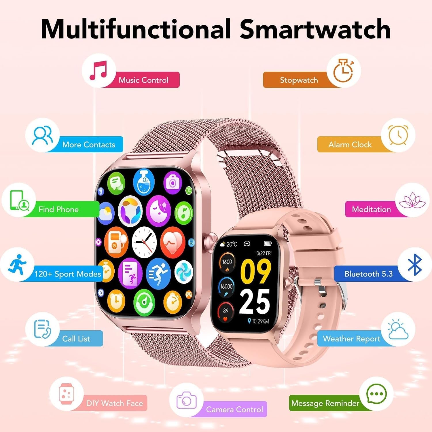 Montre Connectée Femme Avec Appel Bluetooth, 1.85" HD Smartwatch Femme Avec Fréquence Cardiaque/Sommeil/Spo2, 120+ Modes Sportifs, IP68 Étanche, Fitness Tracker Watch Pour Android Ios-Or Rose