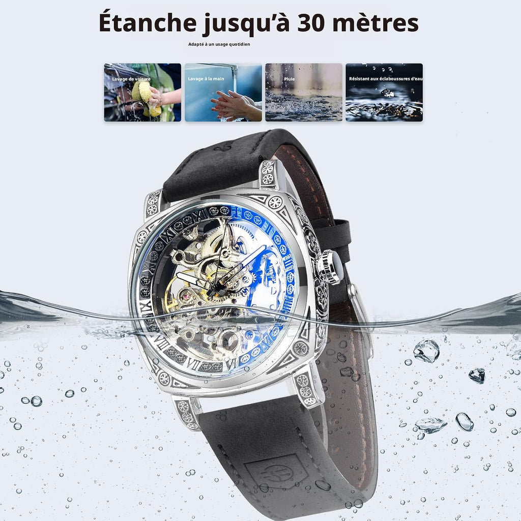 Montre Homme Mécanique Automatique Carrée Squelette Dorée, Bracelet En Cuir Vintage Style Rétro, Étanche, Montre Bracelet Classique Pour Homme