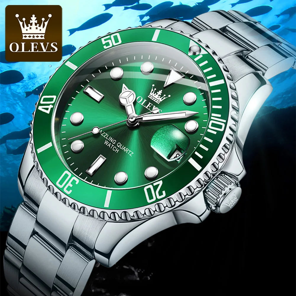 5885 Men'S Watches Business Stainless Steel Strap Green Quartz Watch Waterproof Calendar Luminous High Quality Wristwatch