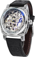 Montre Homme Mécanique Automatique Carrée Squelette Dorée, Bracelet En Cuir Vintage Style Rétro, Étanche, Montre Bracelet Classique Pour Homme