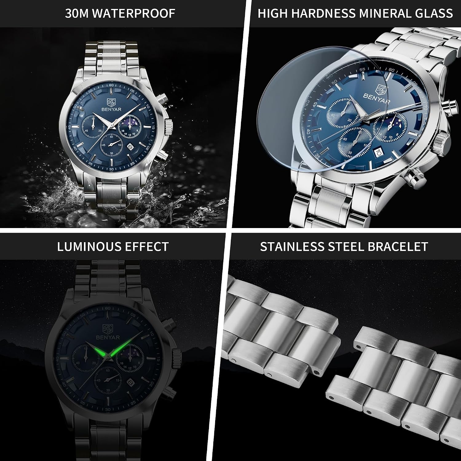 by Montre Homme Chronographe Etanche Lumineuses Date Grand Cadran Classique Mode Affaires Analogique Quartz Montres Cadeau Élégant Pour Hommes